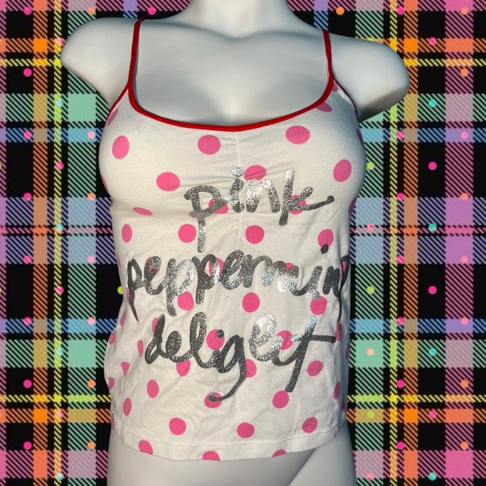 PINK Victoria's Secret White Cami with Pink Polka Dots & Red Trim